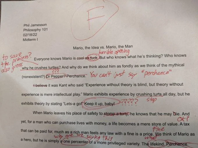 Mario The Idea Vs Mario The Man — A photograph of Phil Jamesson's Philosophy 101 essay from February 18, 2022, with red grading marks and professor annotations