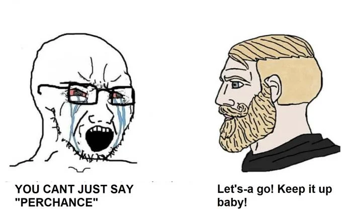 Mario The Idea Vs Mario The Man — A two-panel meme with upset crying character saying 'YOU CAN'T JUST SAY PERCHANCE' contrasted with confident figure saying