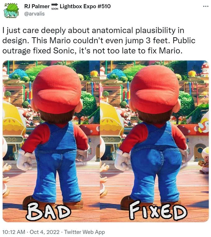 Mario's Flat Butt — Tweet comparing original flat-butt Mario labeled BAD with an edit labeled FIXED.