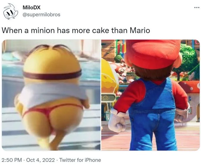 Mario's Flat Butt — Reply tweet with censor-bar edit over movie and game Mario's butts.