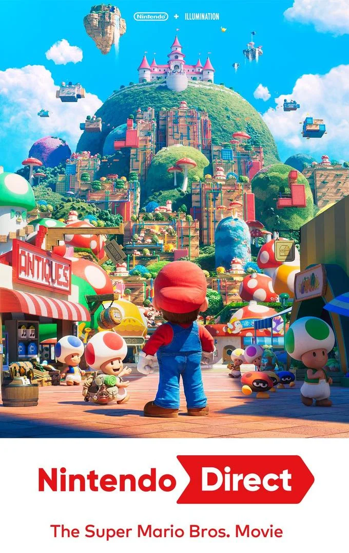 Mario's Flat Butt — Nintendo Direct poster of movie Mario viewed from behind in the Mushroom Kingdom.
