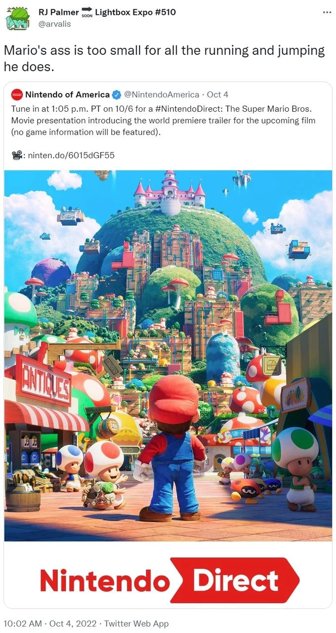 Mario's Flat Butt — Tweet by RJ Palmer criticizing the size of movie Mario's butt.