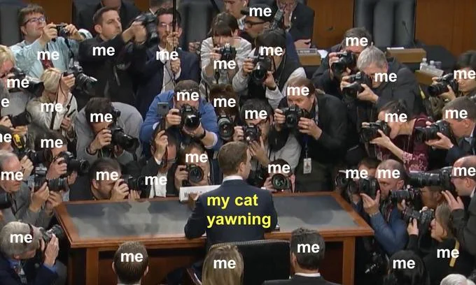 Mark Zuckerberg Congressional Hearings — Photographers swarming Zuckerberg with caption Facebook's privacy policy in real life