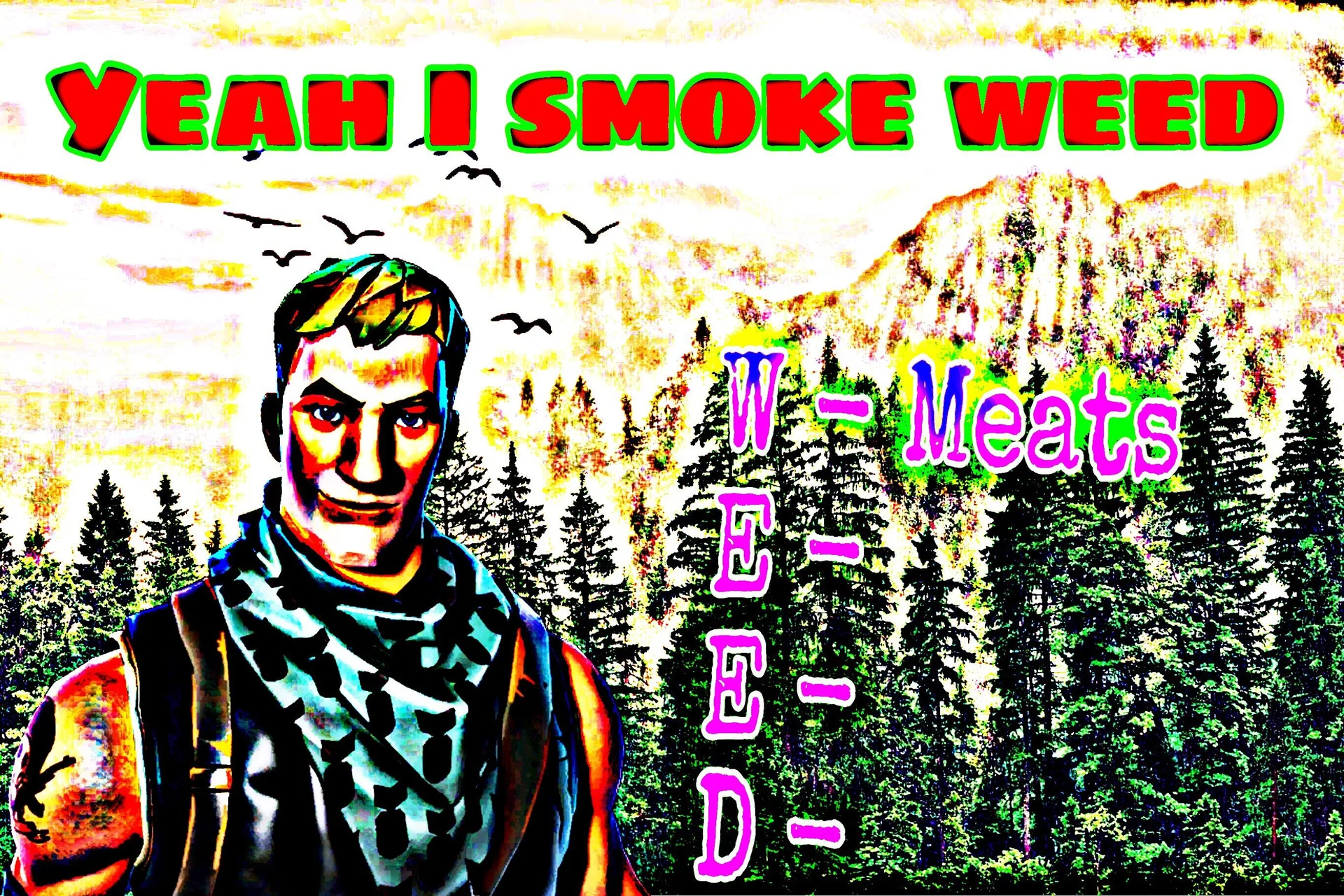 Mark Zuckerberg Smoking Meats — Deep-fried Fortnite default-skin meme captioned 'Yeah I smoke weed' with a Weed/Meats crossword