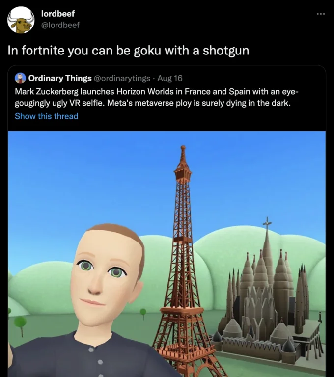 Mark Zuckerbergs Metaverse Avatar — Tweet comparing Horizon Worlds unfavorably to Fortnite graphics