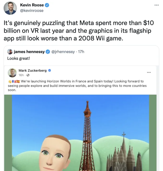 Mark Zuckerbergs Metaverse Avatar — Kevin Roose tweet comparing Horizon Worlds graphics to 2008 Wii games