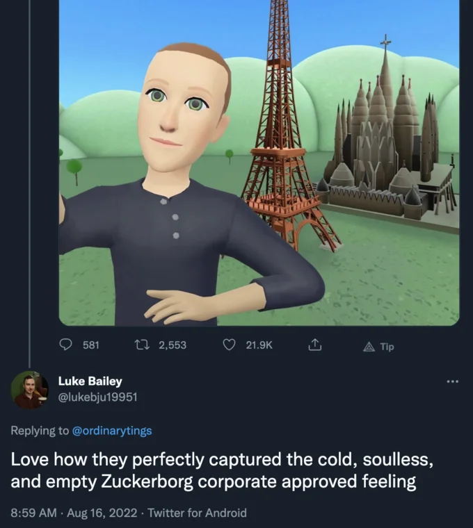 Mark Zuckerbergs Metaverse Avatar — Twitter user mocking Zuckerberg avatar as cold and soulless