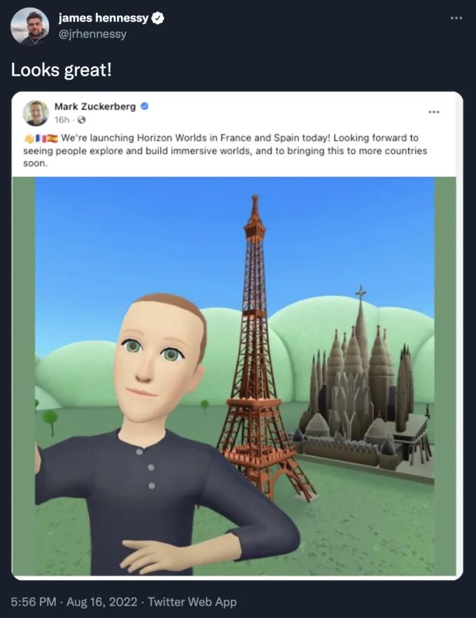 Mark Zuckerbergs Metaverse Avatar — Sarcastic 'Looks great' reply to Zuckerberg metaverse post