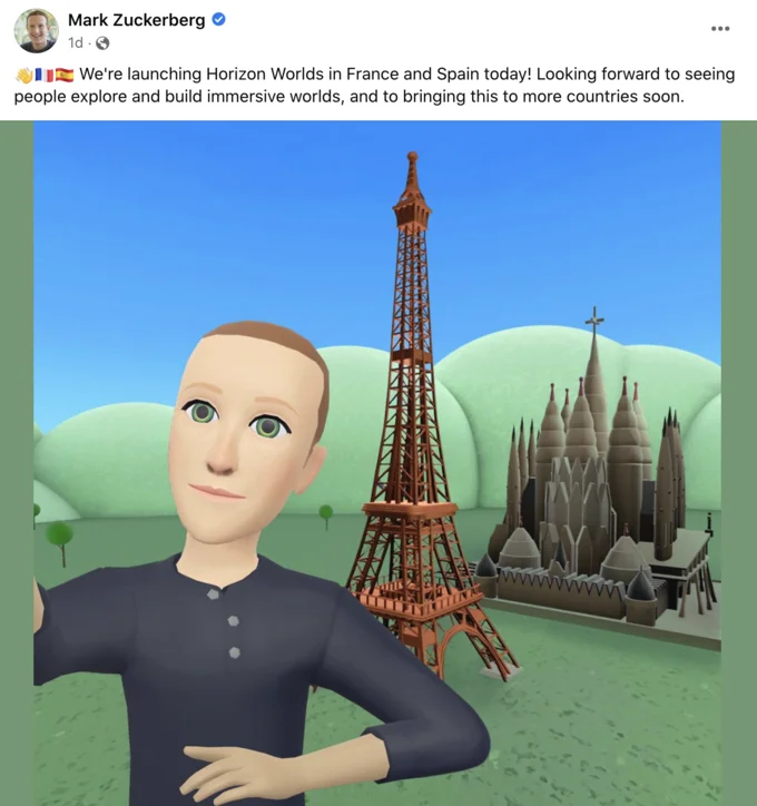 Mark Zuckerbergs Metaverse Avatar — Mark Zuckerberg Facebook post with Horizon Worlds avatar selfie