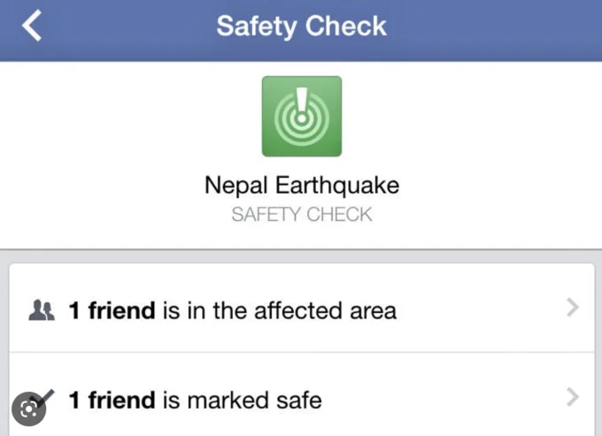 Marked Safe From X — Facebook Safety Check screen for Nepal Earthquake showing friend status options