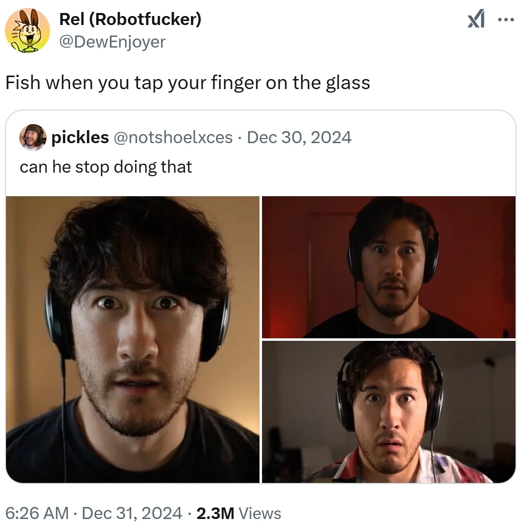 Twitter post showing three photos of Markiplier with wide-eyed shocked expressions