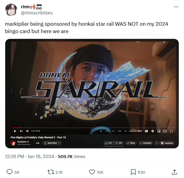 Twitter post about Markiplier's unexpected Honkai Star Rail sponsorship