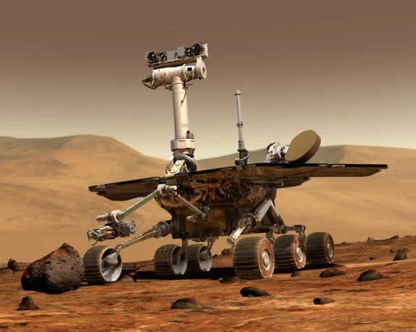 NASA Mars Exploration Rover on the rocky red Martian surface