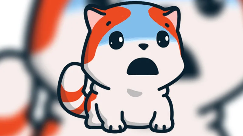 Marsey The Cat — An orange and white cartoon cat with shocked or surprised expression in sharp focus against blue background with blurred Marsey figures in