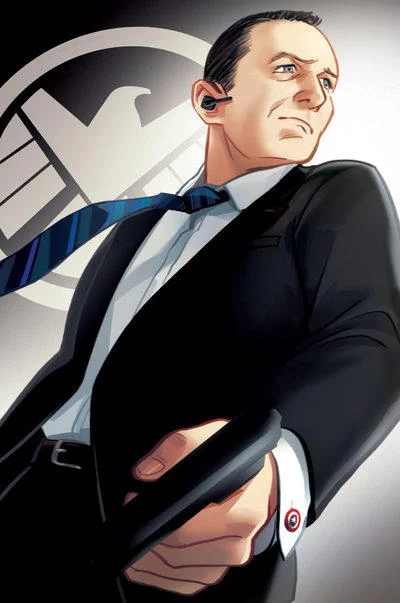 Marvel Cinematic Universe (MCU) — Comic-style fan art of Agent Phil Coulson with S.H.I.E.L.D. logo backdrop