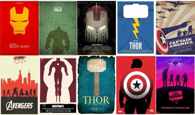 Marvel Cinematic Universe (MCU) — Grid of ten minimalist movie posters representing MCU Phase One and Phase Two films