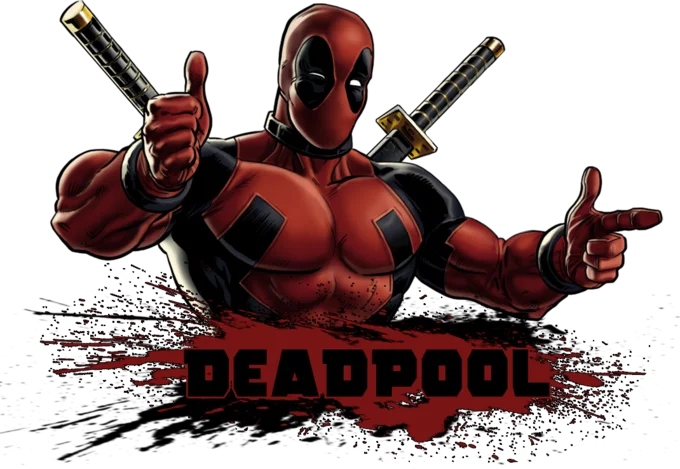 Marvel Comics — Deadpool illustration with katanas and Deadpool logo