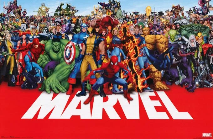 Marvel Comics — Group poster of dozens of Marvel superheroes and villains behind the Marvel logo
