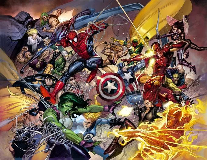 Marvel Comics — Marvel superheroes battling in a dynamic comic book illustration