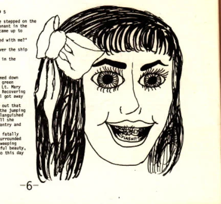 Mary Sue — A black-and-white illustration of a wide-eyed woman with bow in hair, surrounded by Star Trek fanfiction text mentioning 'Lt. Mary.'