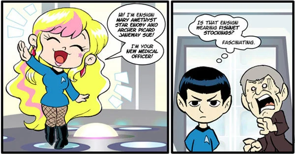 Mary Sue — A chibi-style cartoon comic strip showing an exaggerated female Star Trek character with fishnet stockings and pink hair announcing her absurdly