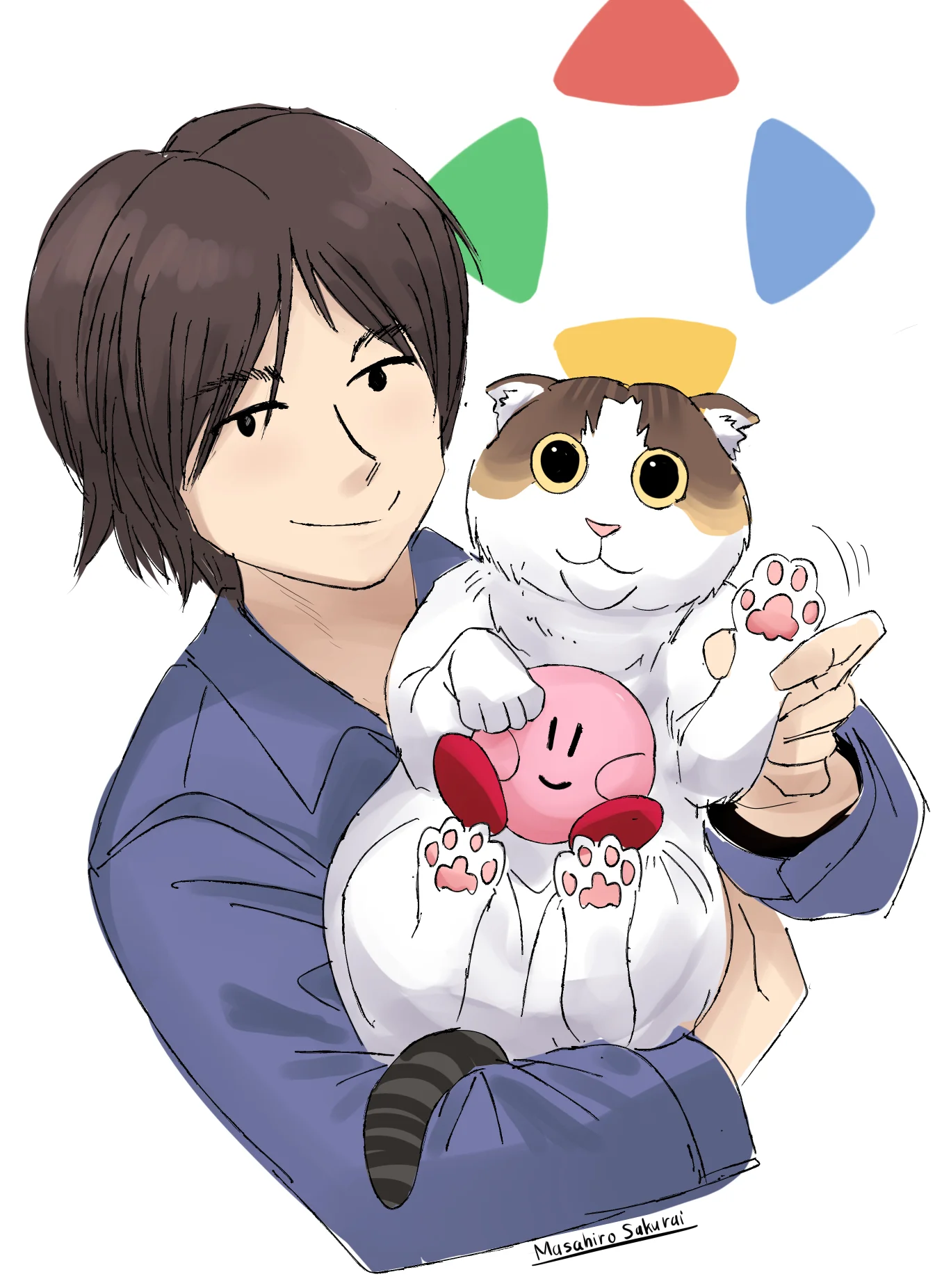 Anime-style drawing of Masahiro Sakurai holding a cat that is hugging Kirby, with Smash Bros. button icons above.