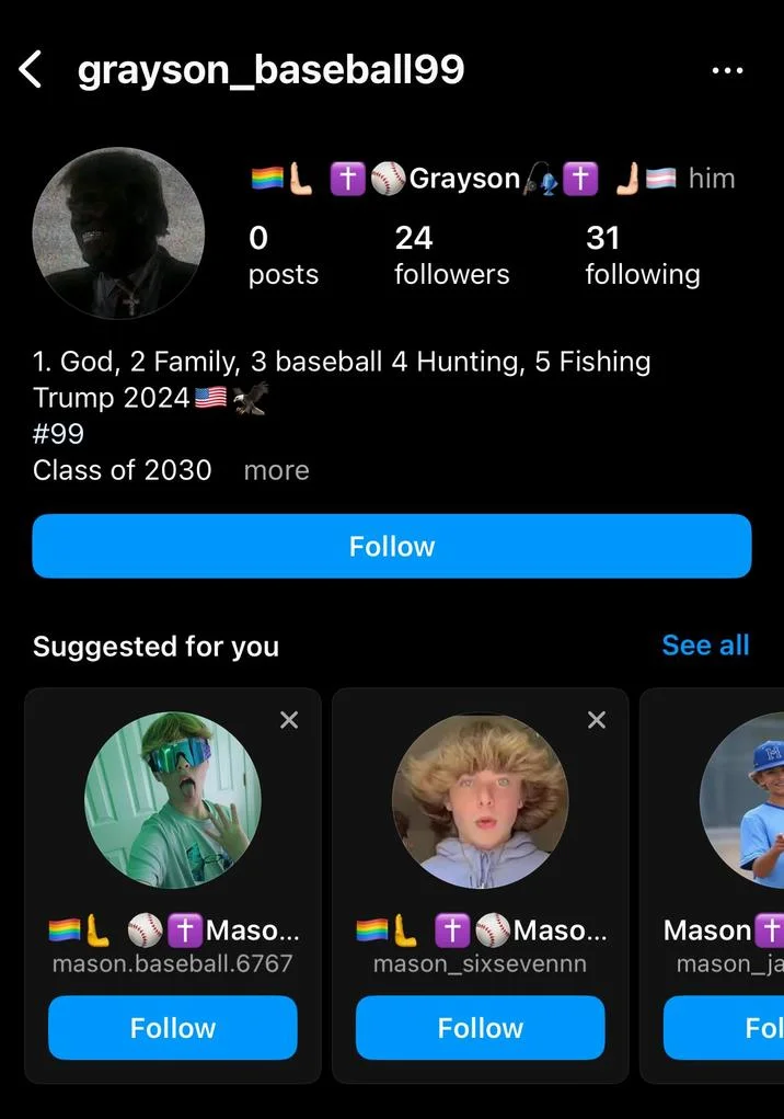 Instagram profile screenshot of grayson_baseball99 with Mason-style emoji bio and suggested Mason 67 accounts
