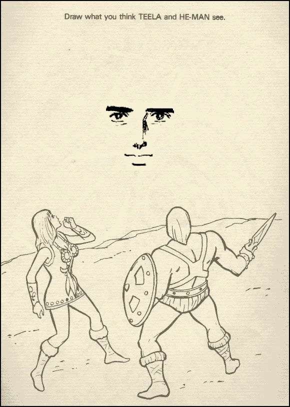 Masters of the Universe — Vintage He-Man coloring book page with Teela and He-Man looking at a floating face