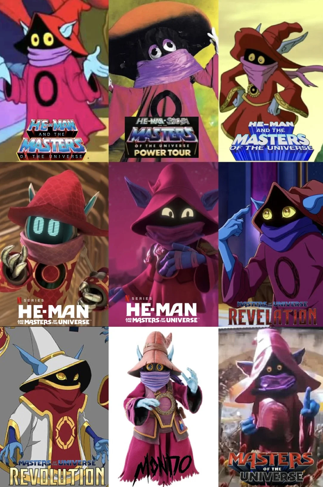 Grid of promotional artwork from six different Masters of the Universe animated and live-action series