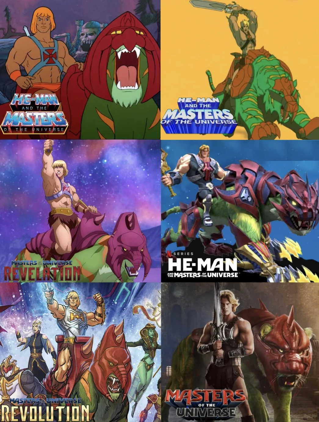 Vertical collage comparing cartoon Masters of the Universe characters with modern live-action versions