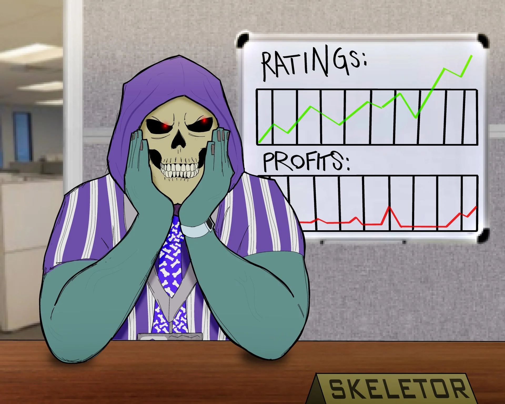 Masters of the Universe — Cartoon of Skeletor in a business suit at an office desk with ratings and profits charts