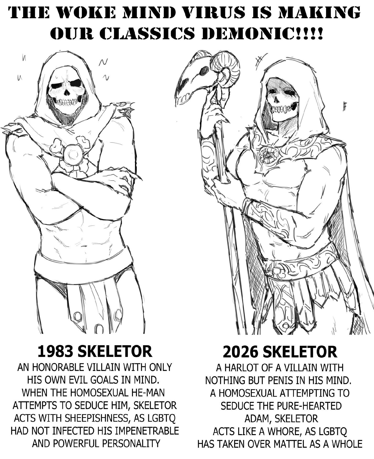Masters of the Universe — Two-panel comparison drawing of 1983 Skeletor and 2026 Skeletor with satirical captions