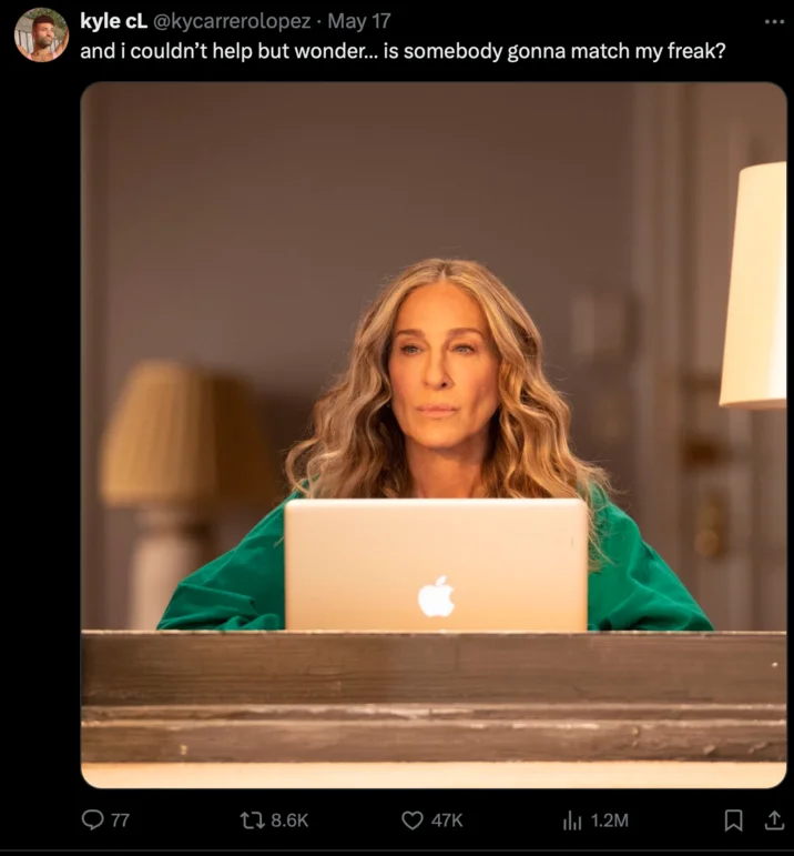 Tweet with Carrie Bradshaw typing at laptop captioned about wondering if somebody will match my freak