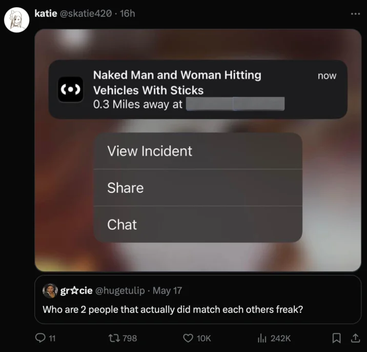 Match My Freak — Quote tweet reply showing Citizen app alert for naked man and woman hitting vehicles with sticks