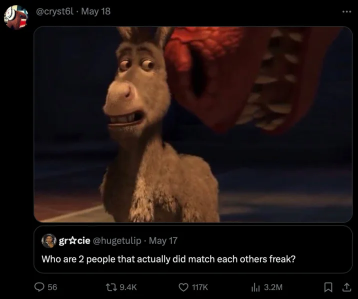 Match My Freak — Quote tweet reply showing Donkey and Dragon from Shrek as a freak-matching pair