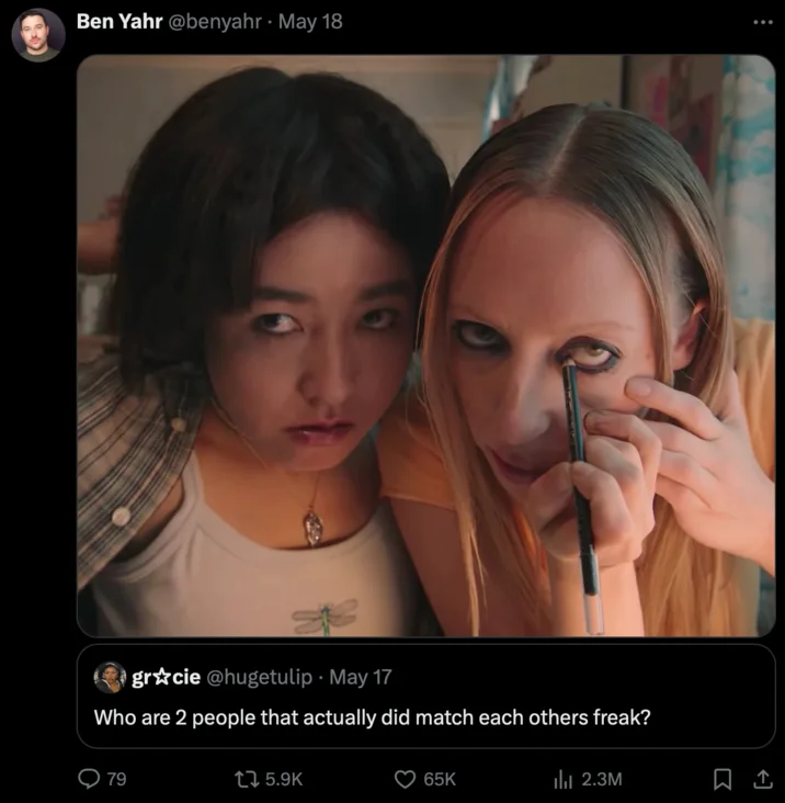 Match My Freak — Quote tweet reply showing two characters from I Saw the TV Glow with heavy eye makeup