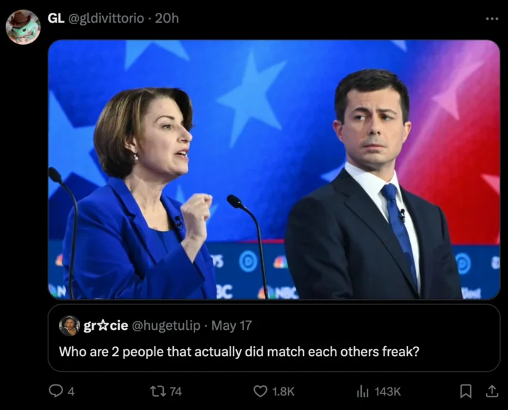 Match My Freak — Quote tweet reply showing Amy Klobuchar and Pete Buttigieg at a Democratic primary debate