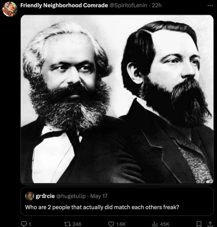 Match My Freak — Quote tweet reply showing Karl Marx and Friedrich Engels portrait