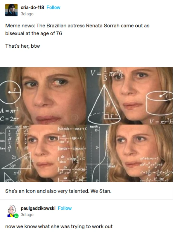Confused Math Lady — Tweet screenshot with a Confused Lady reaction about the trig meme