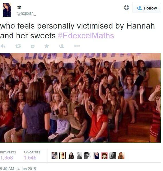 Mathematics — Tweet screenshot referencing the Hannah's sweets Edexcel Maths exam question meme