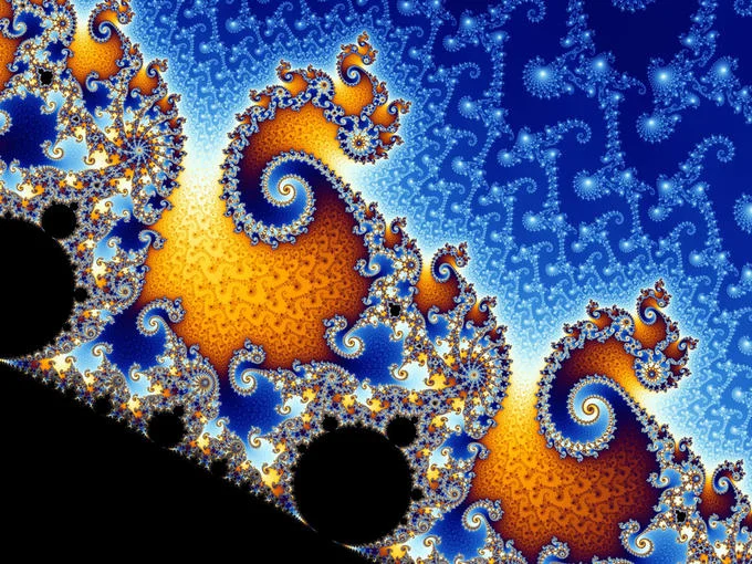 Mathematics — Zoomed-in view of the Mandelbrot set fractal with orange and blue swirls