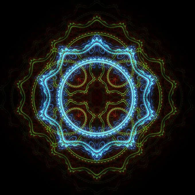 Mathematics — Symmetric fractal mandala in glowing blue, green, and red on black background