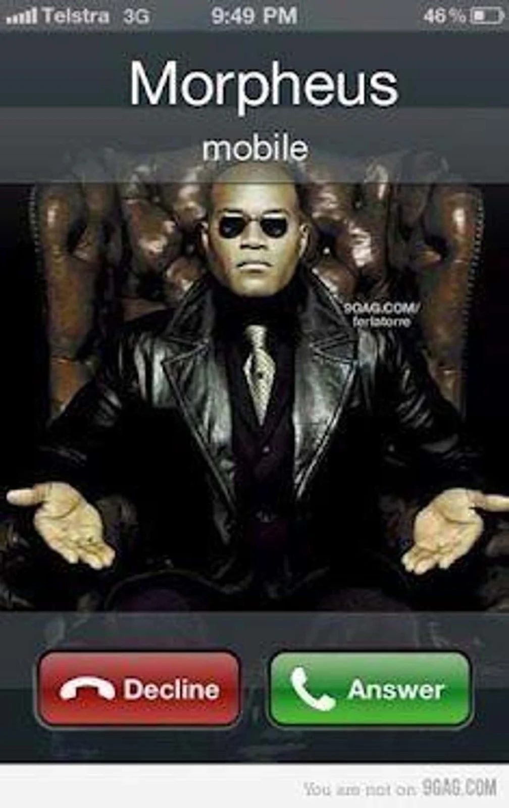 Matrix Morpheus image reimagined as a mobile phone caller ID screen showing 'Morpheus mobile' with smartphone UI elements.