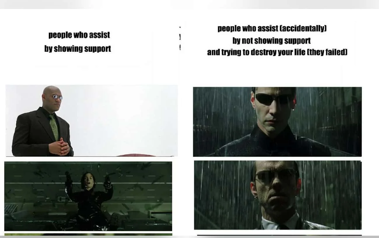 Matrix Morpheus — Four-panel comparison meme contrasting different types of support shown by Matrix characters using Morpheus imagery.