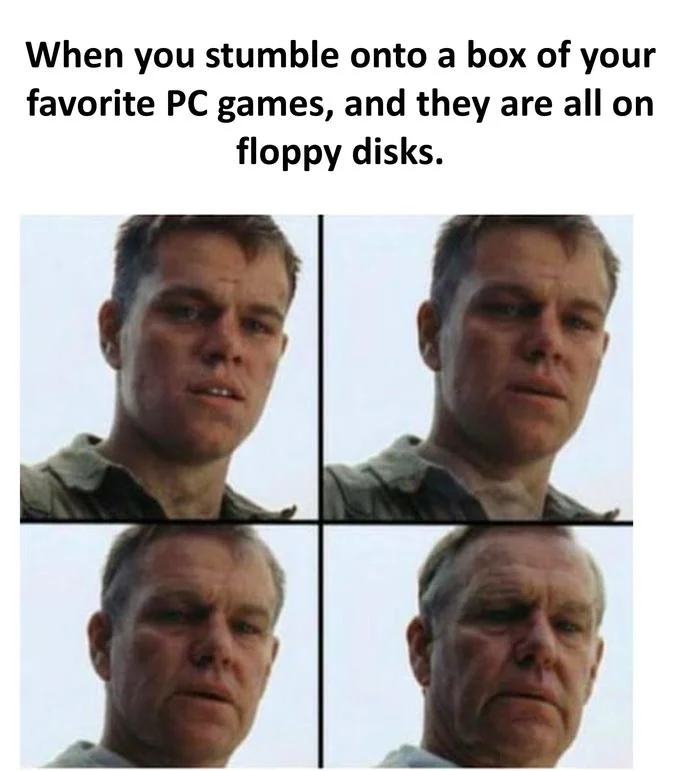 Matt Damon aging meme about finding old PC games on floppy disks