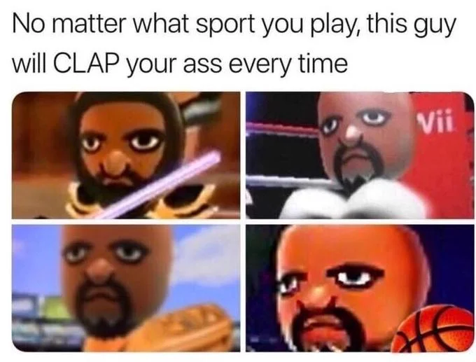 Matt Mii — Four-panel meme showing Matt in multiple Wii Sports games with mocking caption