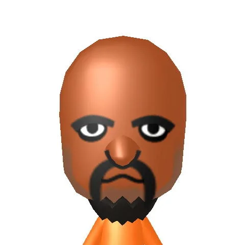 Close-up 3D render of Matt Mii's face with black goatee and orange skin