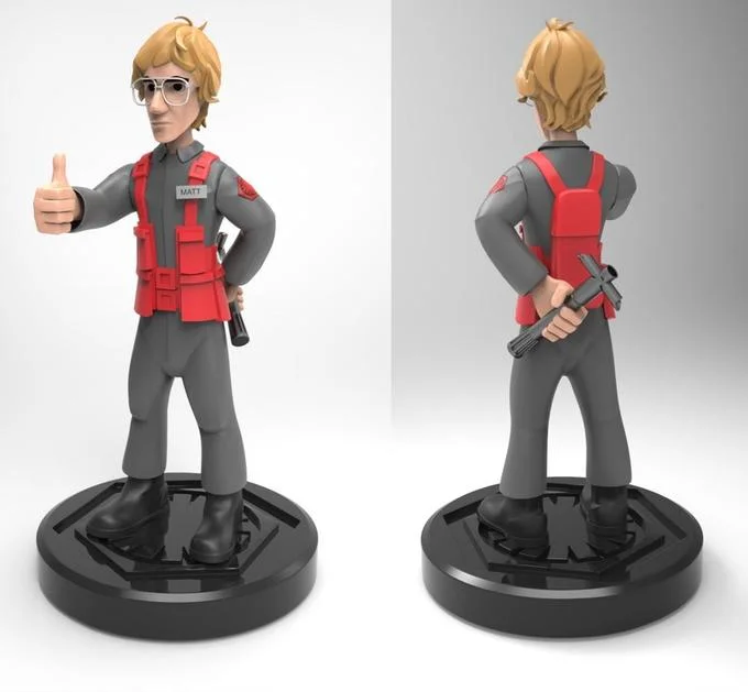 3D render showing front and back views of a stylized Matt the Radar Technician collectible figurine