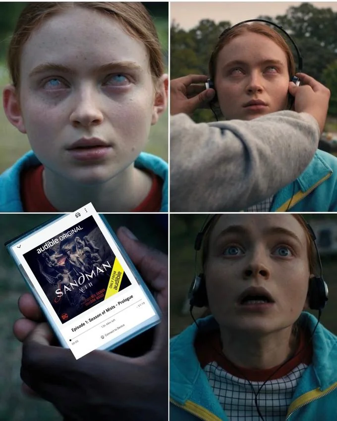 Maxs Favorite Song — Max's Favorite Song meme showing The Sandman Act II Audible cover on the phone
