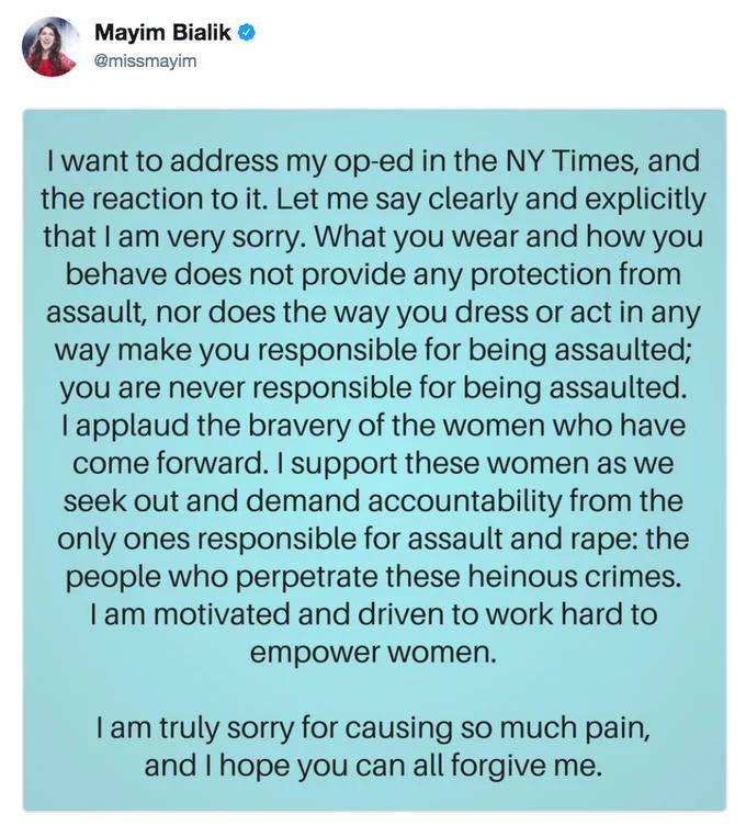 Mayim Bialik's New York Times Editorial — Mayim Bialik apology tweet regarding her NY Times op-ed